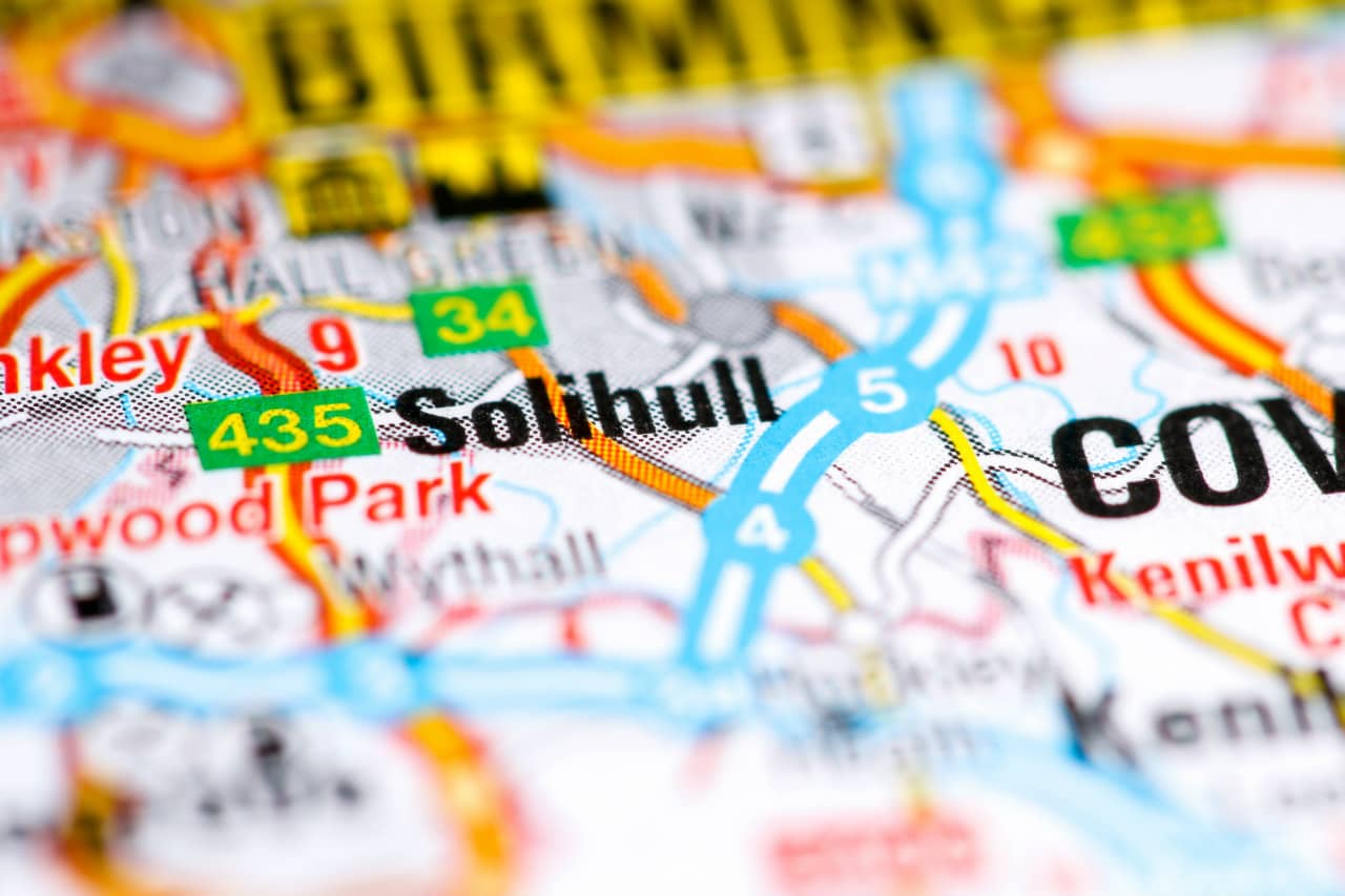 Close-up map focusing on Solihull, UK