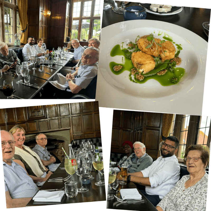 Groups dining in elegant restaurant, gourmet food plating