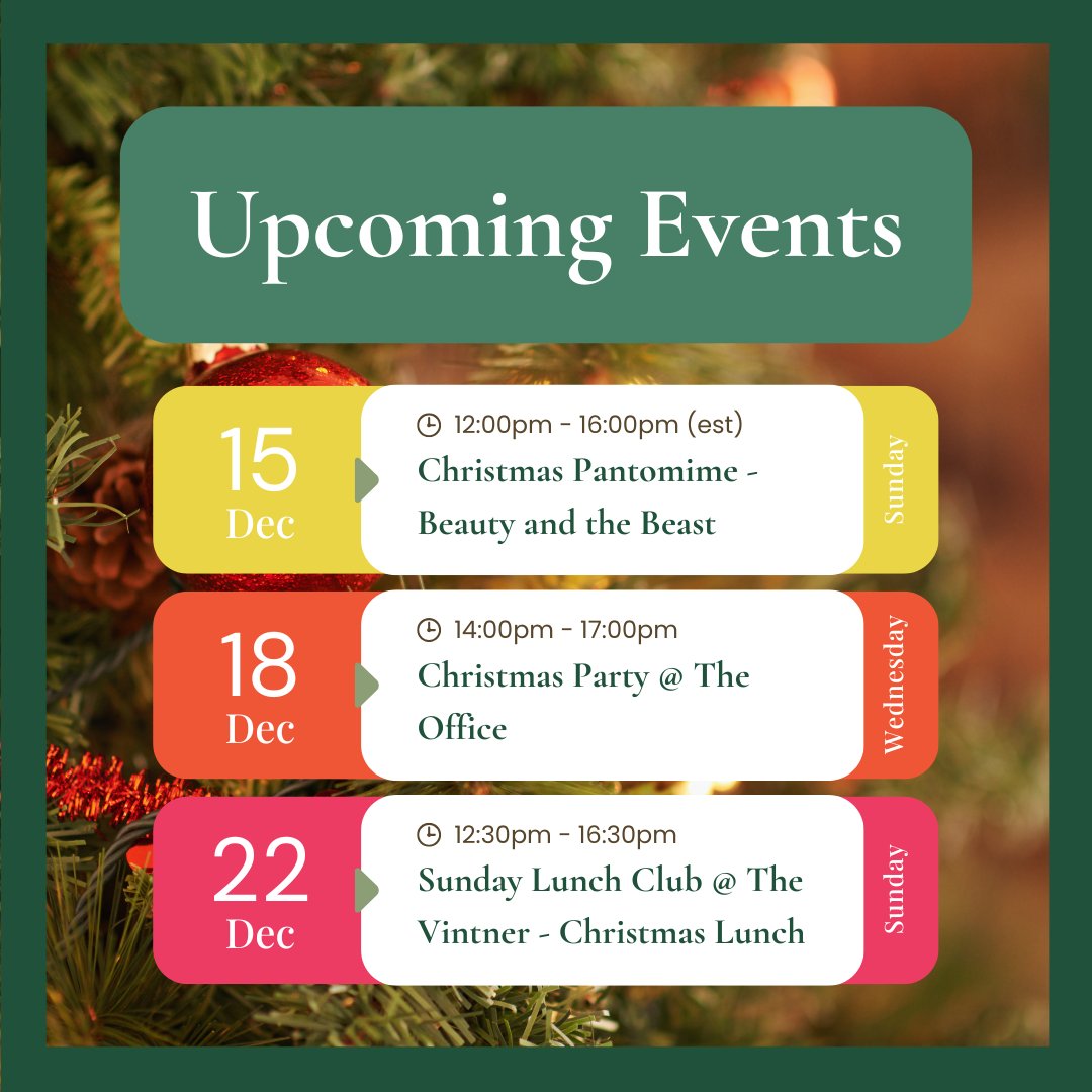 Christmas events calendar with dates and themes.