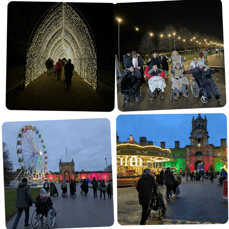 Collage of illuminated festive outdoor scenes with visitors Blenheim Palace
